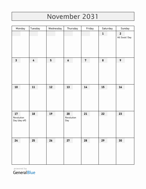 Mexico November 2031 Calendar with Holidays