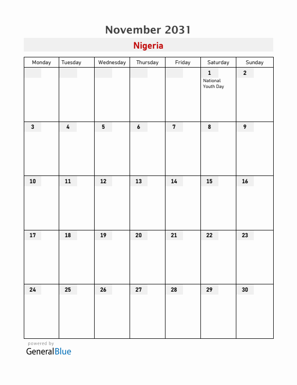 Nigeria November 2031 Calendar with Holidays