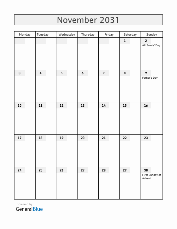 Norway November 2031 Calendar with Holidays