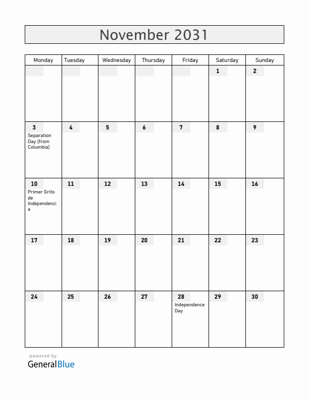 Panama November 2031 Calendar with Holidays