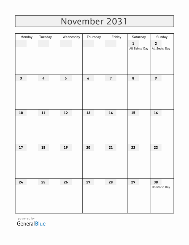 Philippines November 2031 Calendar with Holidays