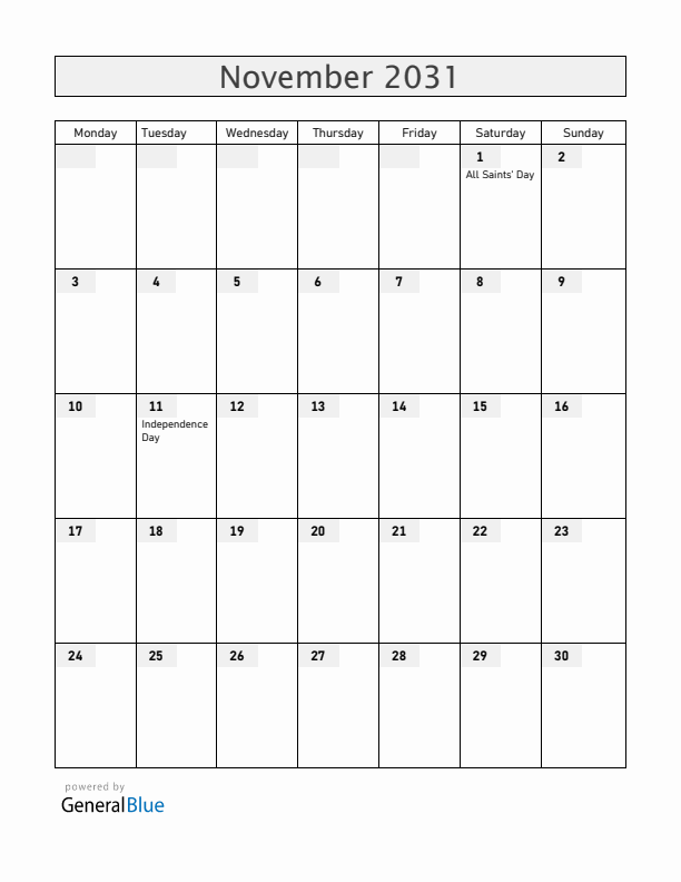 Poland November 2031 Calendar with Holidays