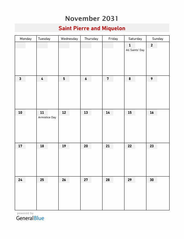 Saint Pierre and Miquelon November 2031 Calendar with Holidays