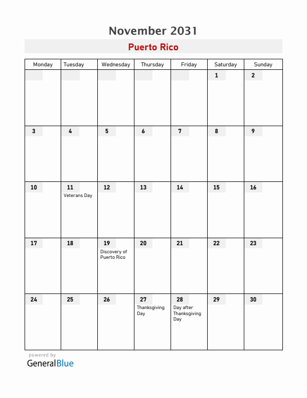 Puerto Rico November 2031 Calendar with Holidays