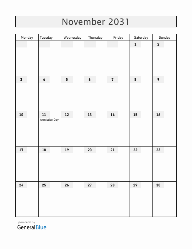 Serbia November 2031 Calendar with Holidays