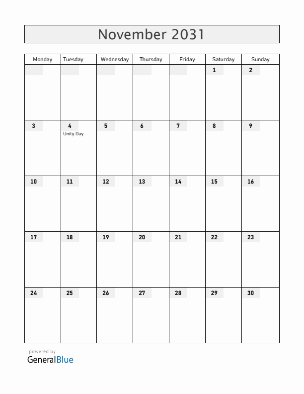 Russia November 2031 Calendar with Holidays