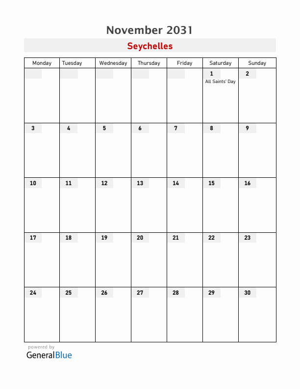 Seychelles November 2031 Calendar with Holidays