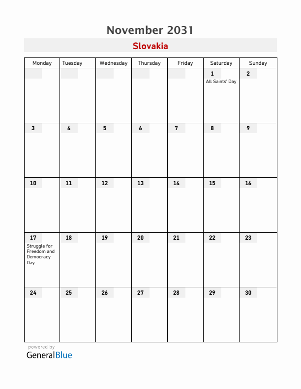 Slovakia November 2031 Calendar with Holidays