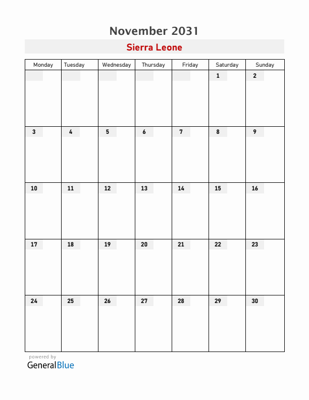 Sierra Leone November 2031 Calendar with Holidays