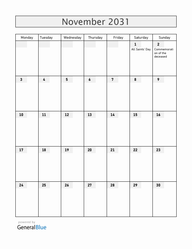 San Marino November 2031 Calendar with Holidays