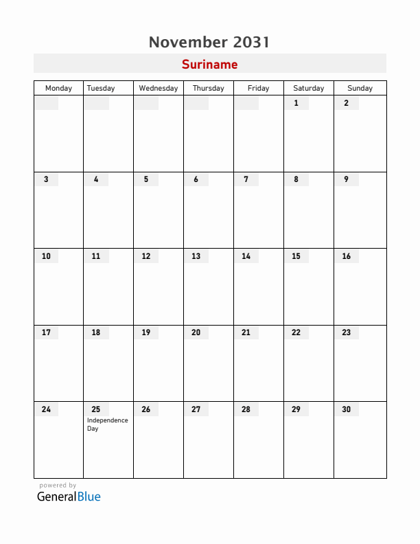 Suriname November 2031 Calendar with Holidays