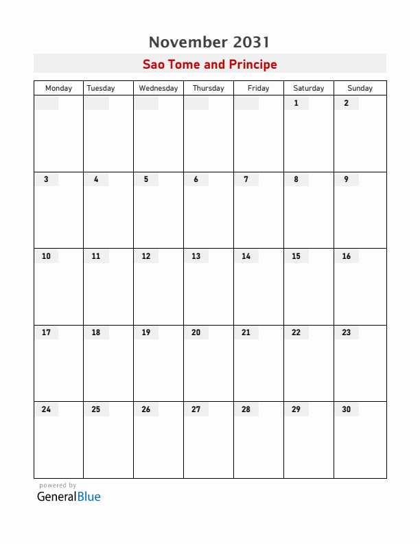 Sao Tome and Principe November 2031 Calendar with Holidays