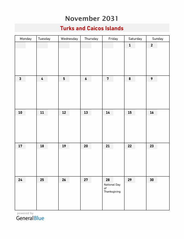 Turks and Caicos Islands November 2031 Calendar with Holidays