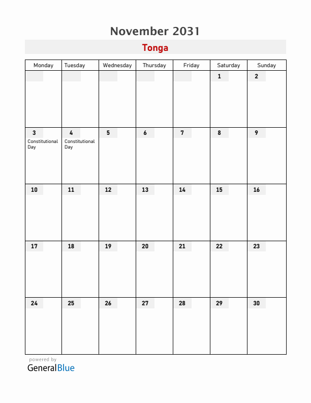 Tonga November 2031 Calendar with Holidays