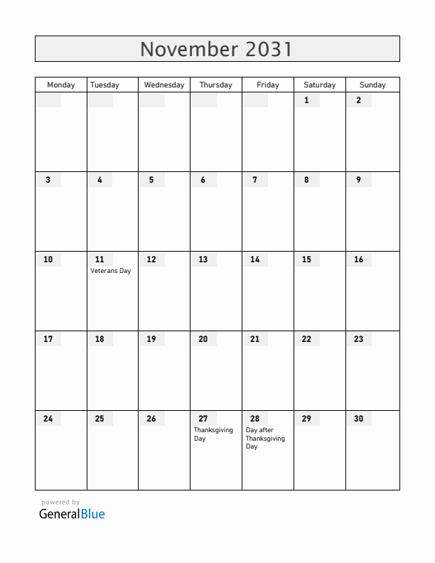 United States November 2031 Calendar with Holidays