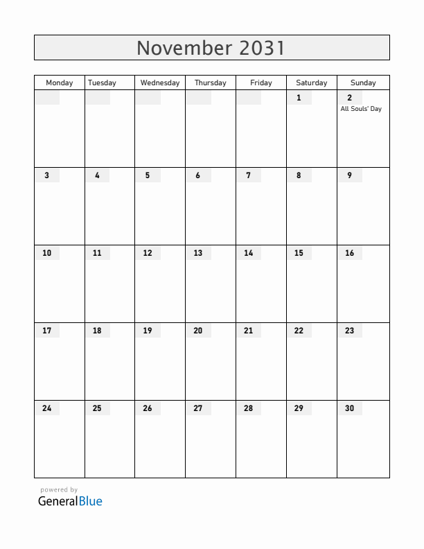Uruguay November 2031 Calendar with Holidays