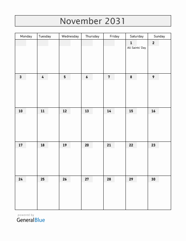 Vatican November 2031 Calendar with Holidays