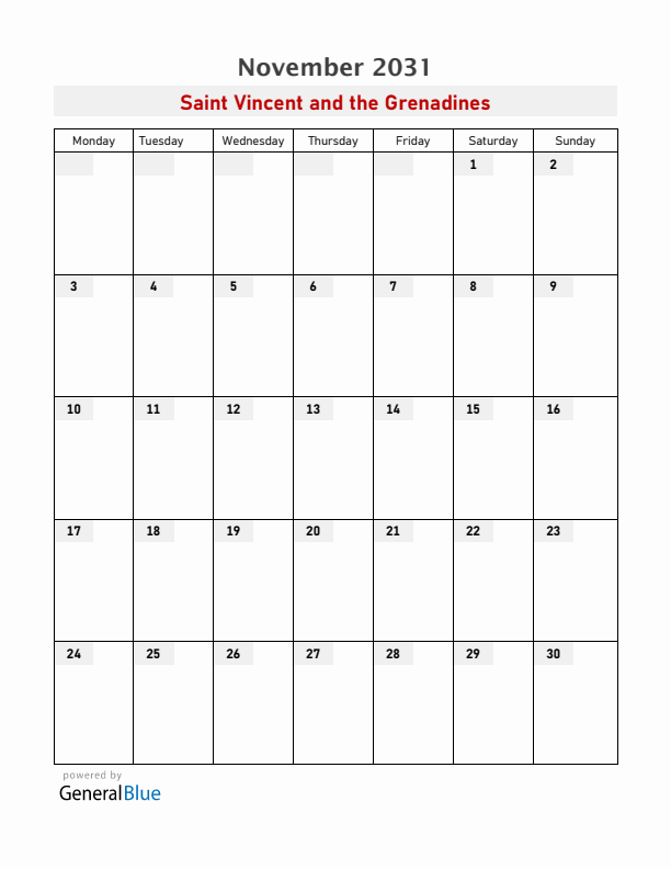 Saint Vincent and the Grenadines November 2031 Calendar with Holidays