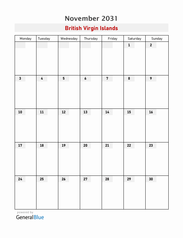 British Virgin Islands November 2031 Calendar with Holidays
