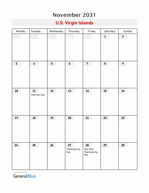 U.S. Virgin Islands November 2031 Calendar with Holidays