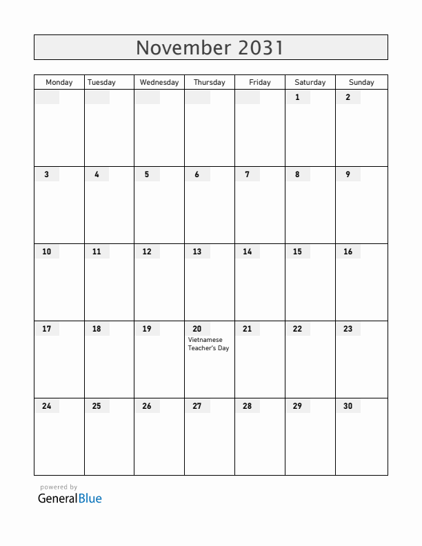 Vietnam November 2031 Calendar with Holidays