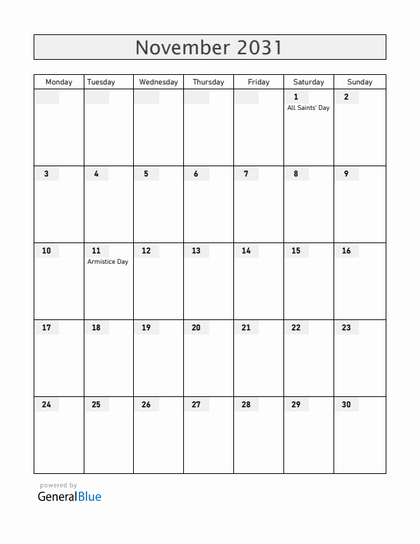 Mayotte November 2031 Calendar with Holidays
