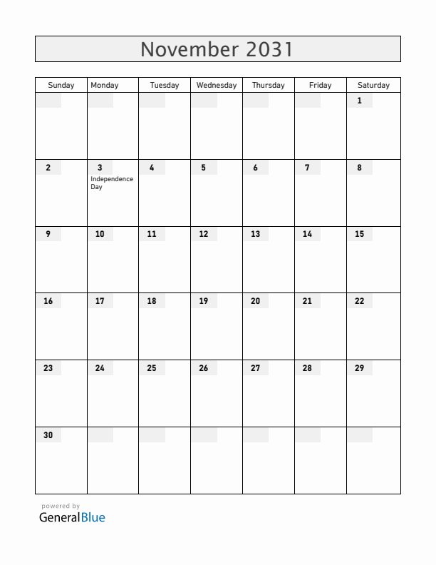 Antigua and Barbuda November 2031 Calendar with Holidays
