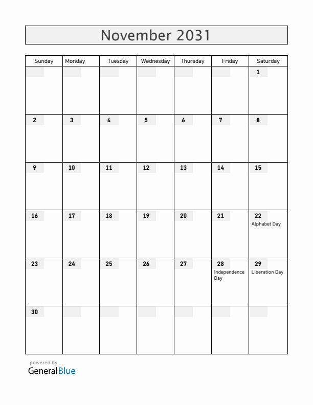 Albania November 2031 Calendar with Holidays