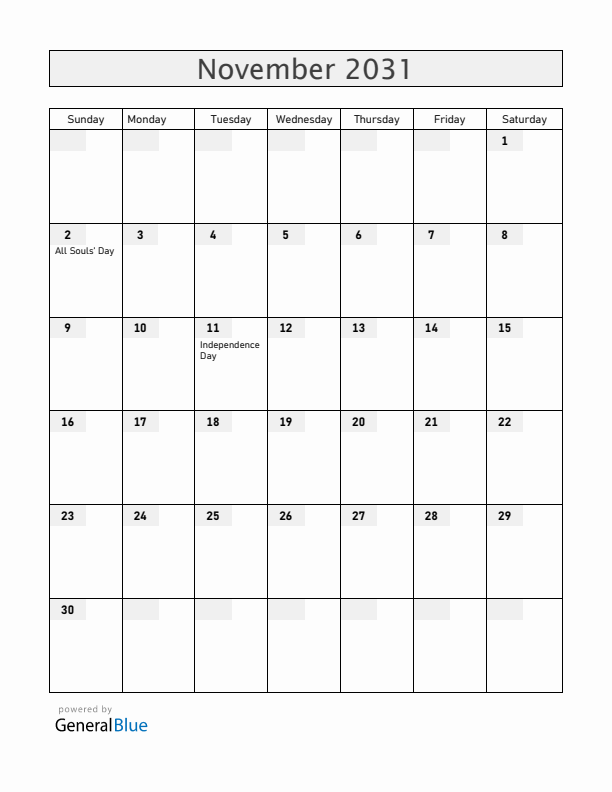 Angola November 2031 Calendar with Holidays