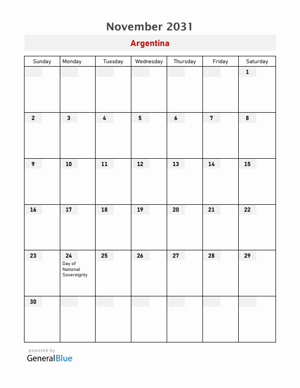 Argentina November 2031 Calendar with Holidays