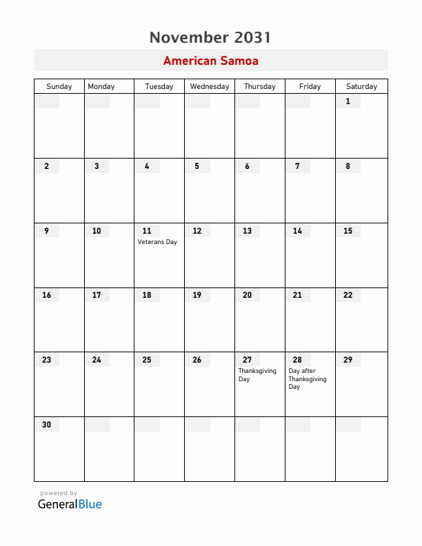 American Samoa November 2031 Calendar with Holidays