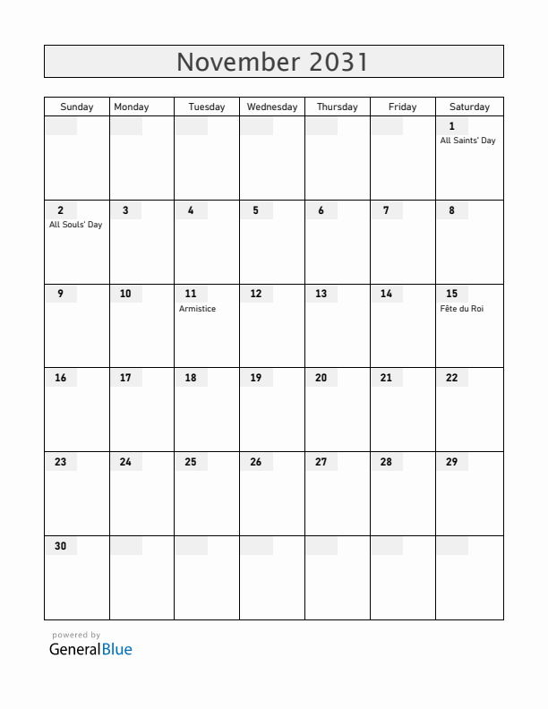 Belgium November 2031 Calendar with Holidays