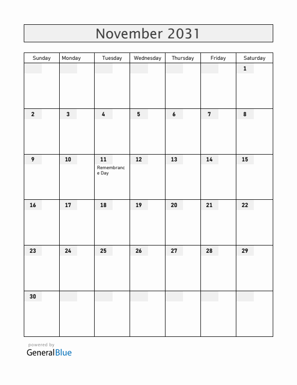 Bermuda November 2031 Calendar with Holidays