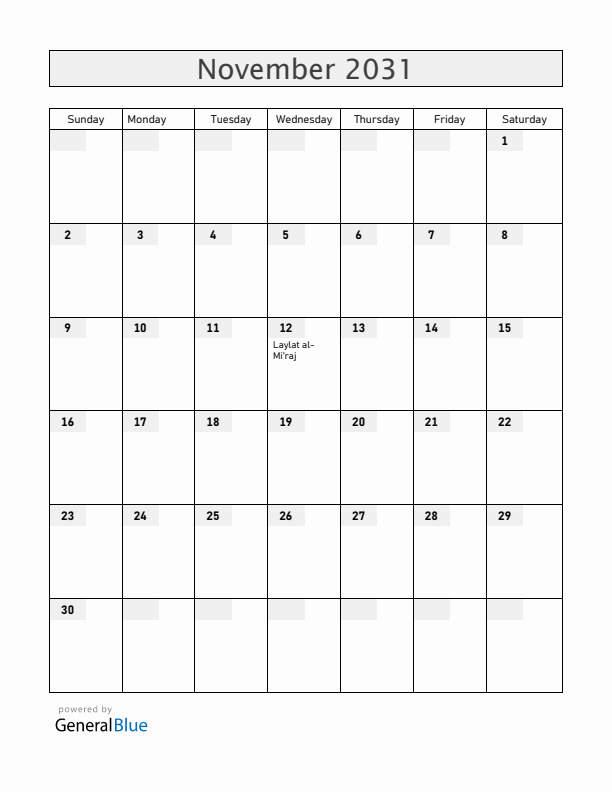 Brunei November 2031 Calendar with Holidays