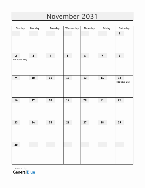 Brazil November 2031 Calendar with Holidays