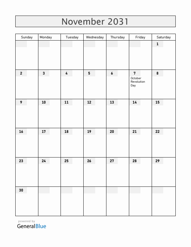 Belarus November 2031 Calendar with Holidays