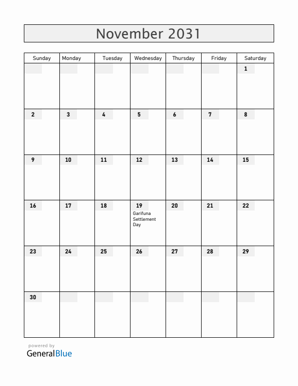 Belize November 2031 Calendar with Holidays