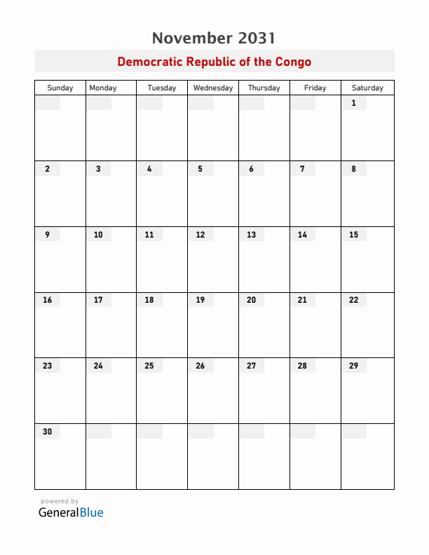 Democratic Republic of the Congo November 2031 Calendar with Holidays