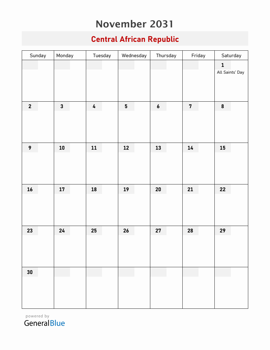 Central African Republic November 2031 Calendar with Holidays