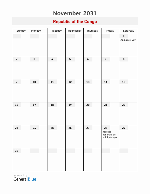 Republic of the Congo November 2031 Calendar with Holidays