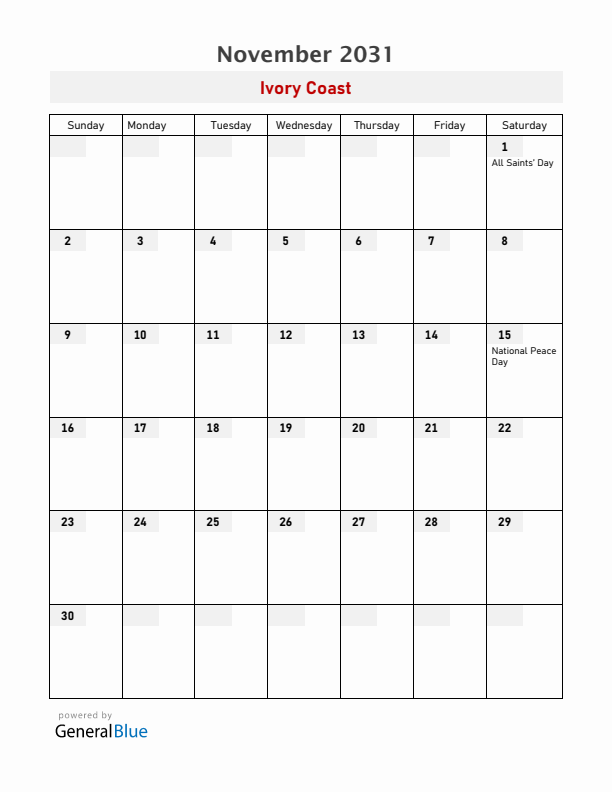 Ivory Coast November 2031 Calendar with Holidays