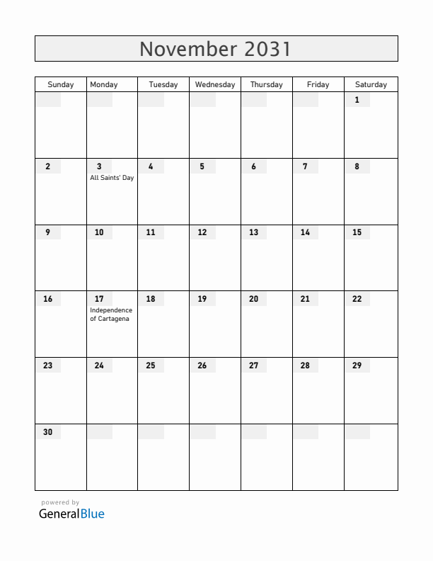 Colombia November 2031 Calendar with Holidays