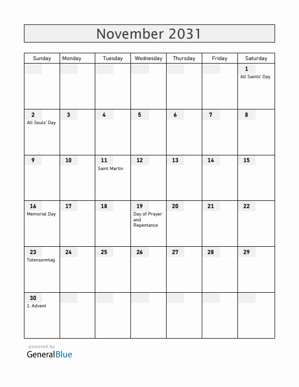 Germany November 2031 Calendar with Holidays