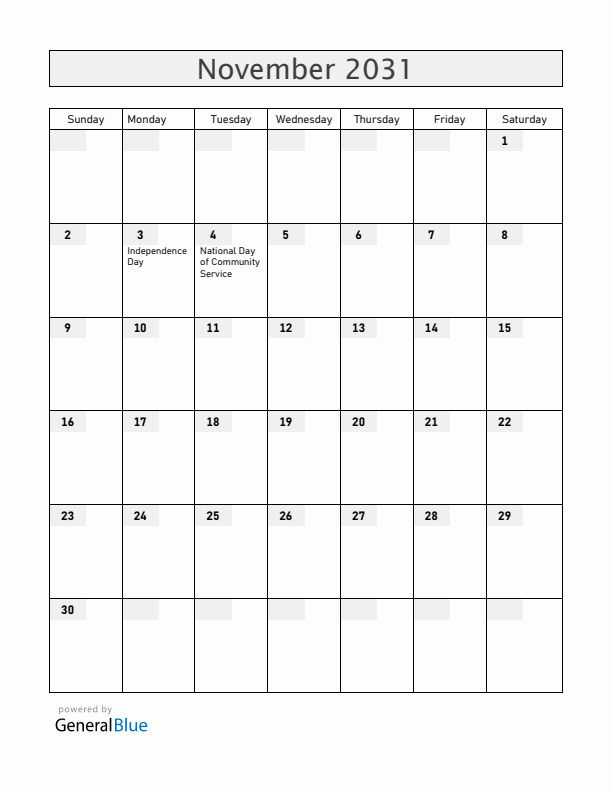 Dominica November 2031 Calendar with Holidays