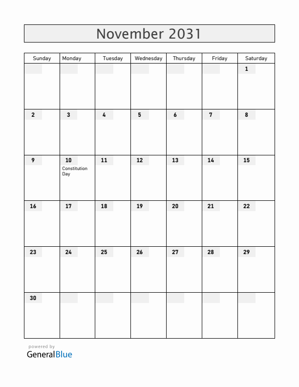 Dominican Republic November 2031 Calendar with Holidays