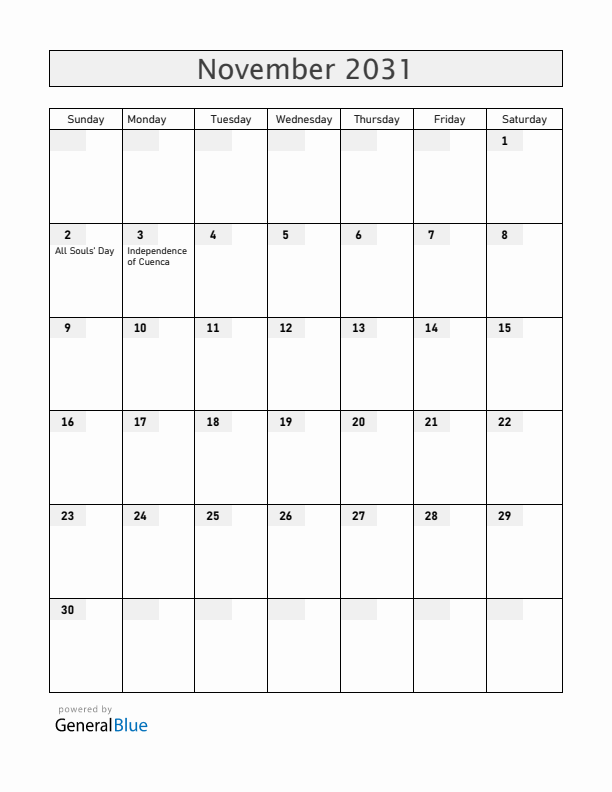 Ecuador November 2031 Calendar with Holidays
