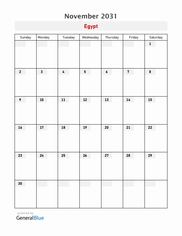 Egypt November 2031 Calendar with Holidays