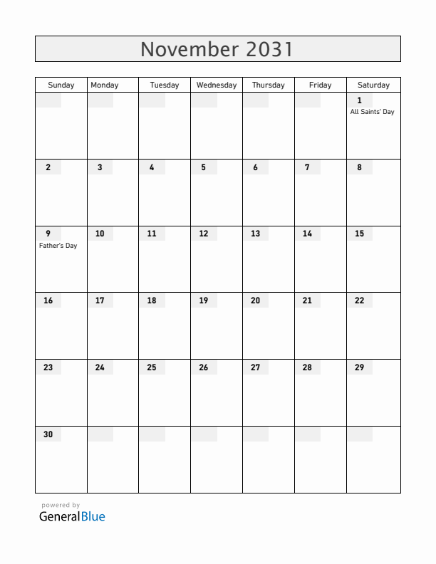 Finland November 2031 Calendar with Holidays