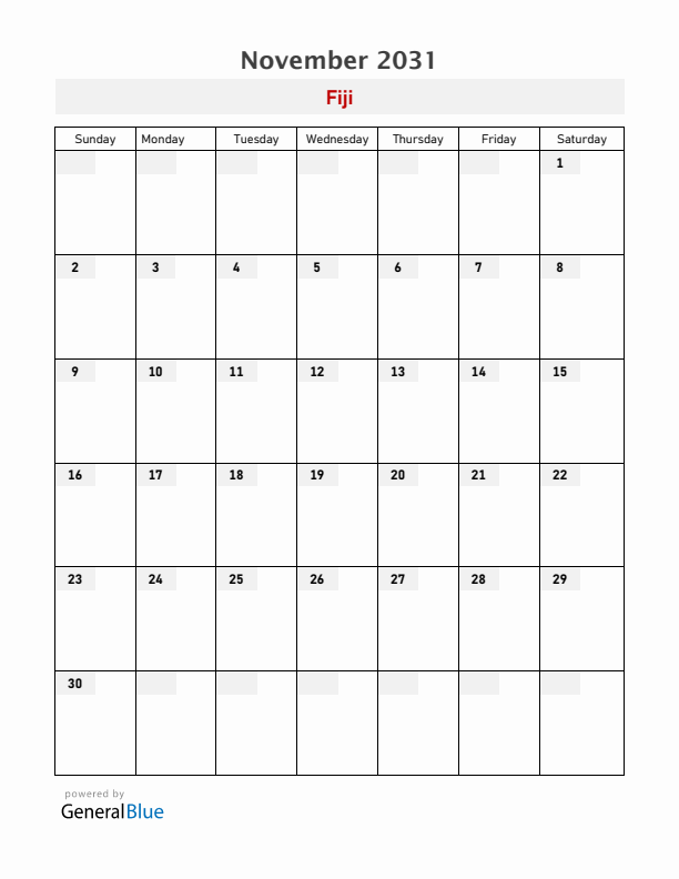 Fiji November 2031 Calendar with Holidays