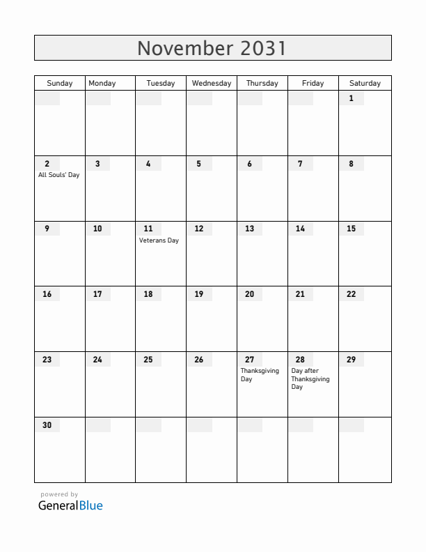 Guam November 2031 Calendar with Holidays